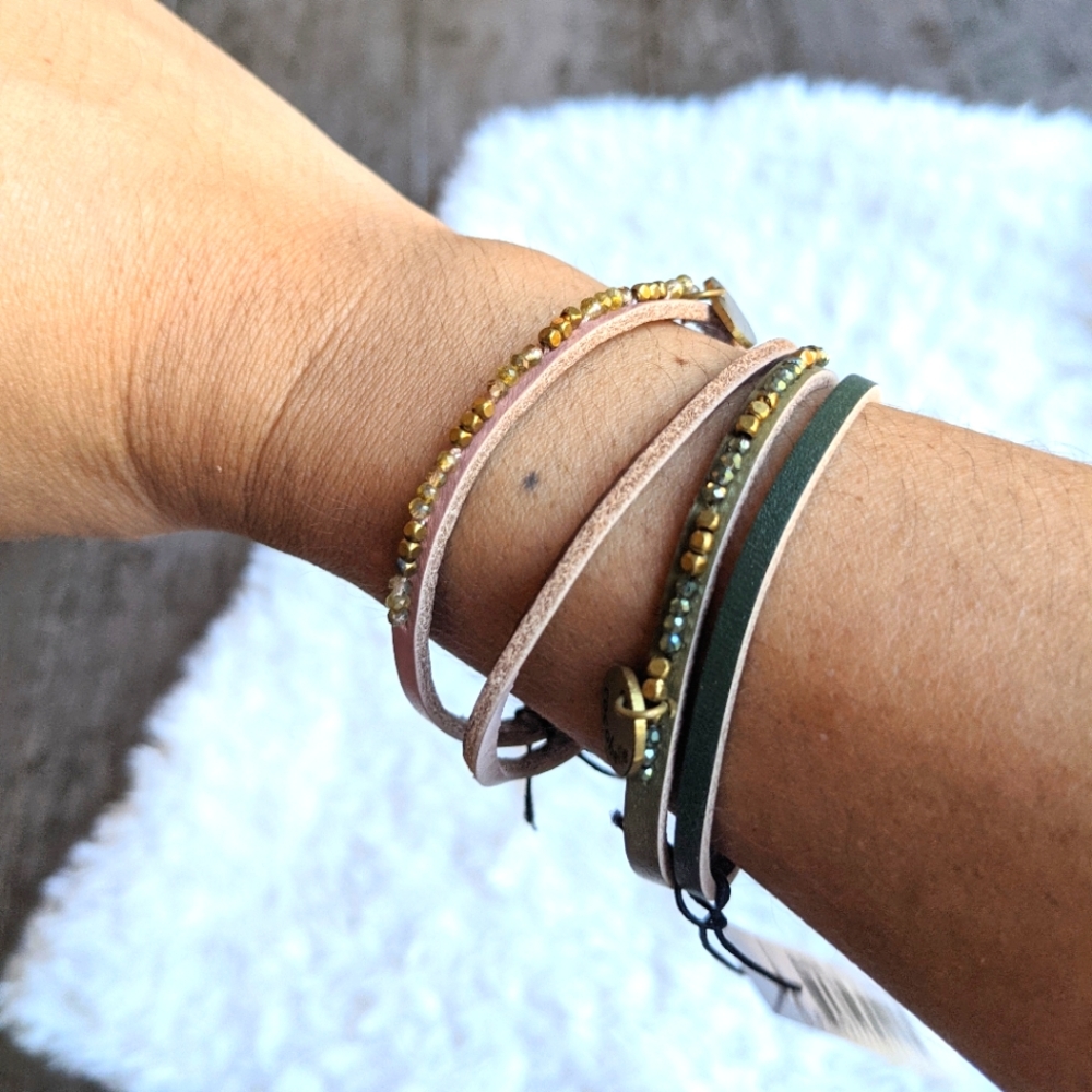ANTHRO COCOBELLE Layered Beaded Leather Bracelet Magnetic Clasp